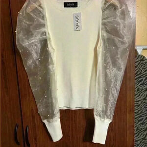 Fab’rik Brand Ladies Top Beige Sheer Pearl Long Sleeves